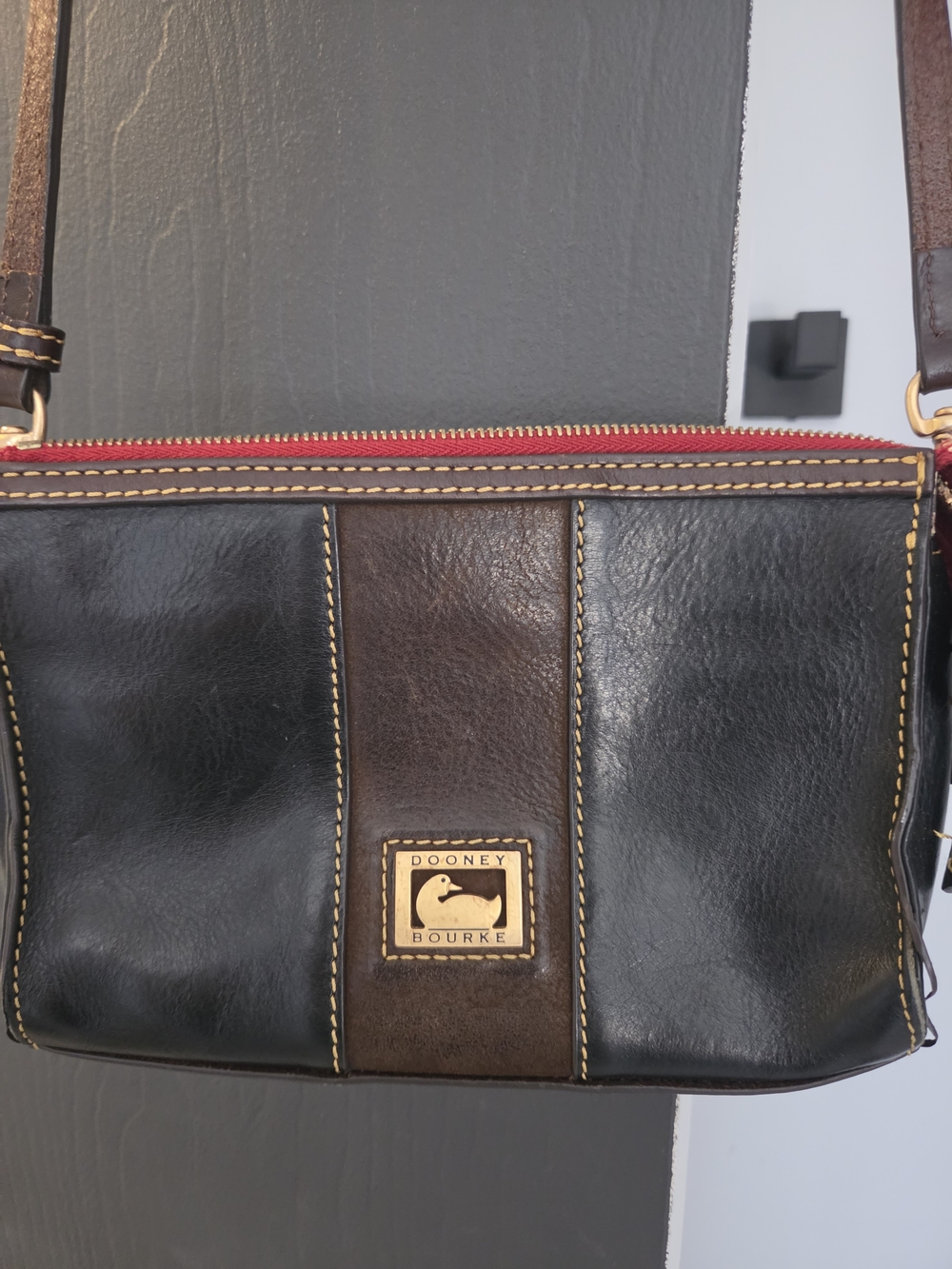Dooney & Bourke Black and Brown Leather Messenger Bag with Red Zip